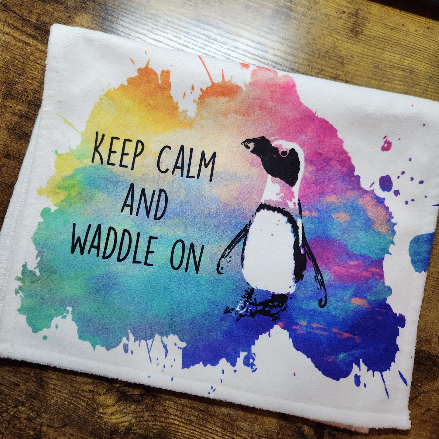 Keep Calm Waddle on Penguin Yellow/Pink/Blue Splatter - Dish Towel  (Made to Order)