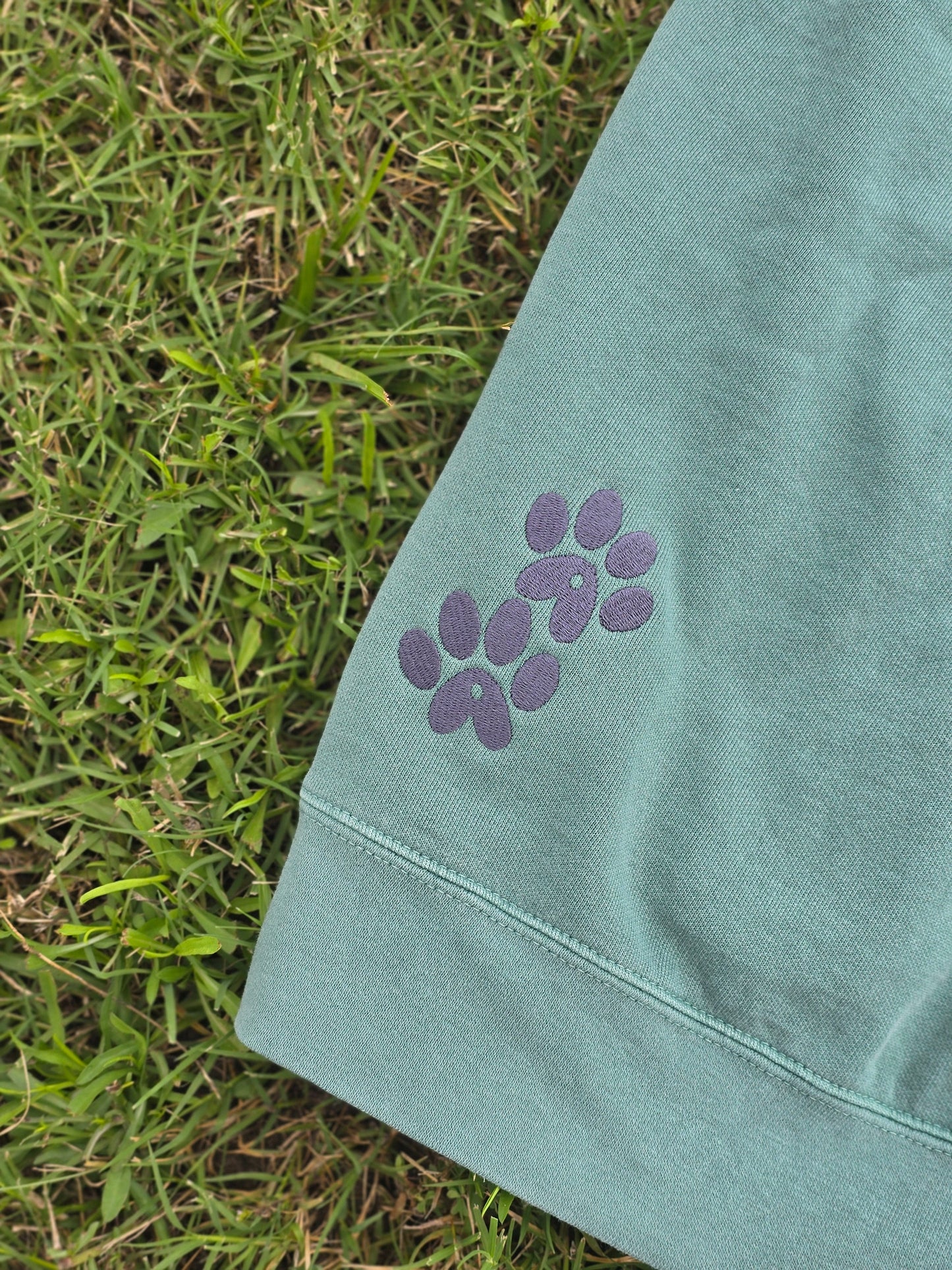 Light Green Comfort Color Sweater with AA Paws Logo Embroidered on bottom back in Charcoal thread on Grass