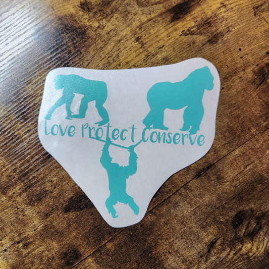 Simios - Love Protect Conserve - Calcomanía de vinilo (hecha a pedido)