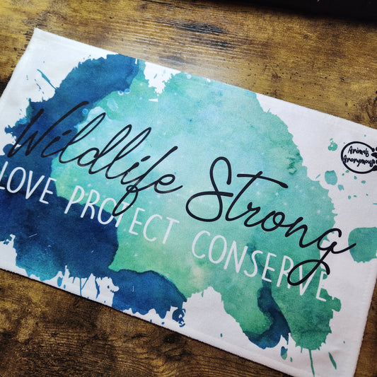 Wildlife Strong Love Protect Conserve Blue/Green Splatter - Rally Towel (Made to Order)