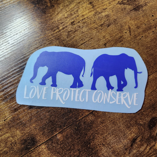 Elefantes - Love Protect Conserve - Calcomanía de vinilo (hecha a pedido)