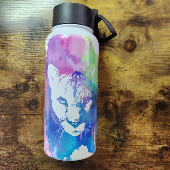 CUSTOM Name/Saying - Cougar - Rainbow Splatter - 32oz Water Bottle (Made to Order)