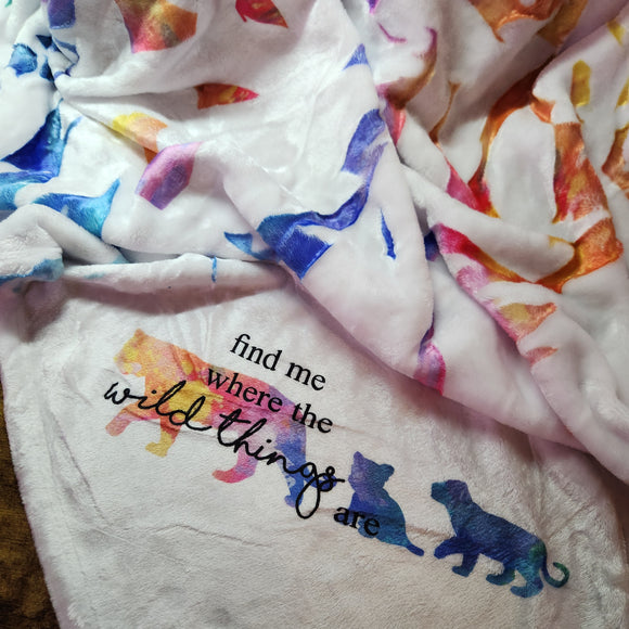 Tiger with babies - Wild things - Light Splatter Rainbow Background - Baby Blanket - White (Made to Order)