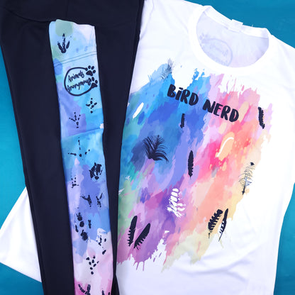 Bird Feathers and Prints Rainbow Watercolor Splash and Black High Waisted Full Length Leggings