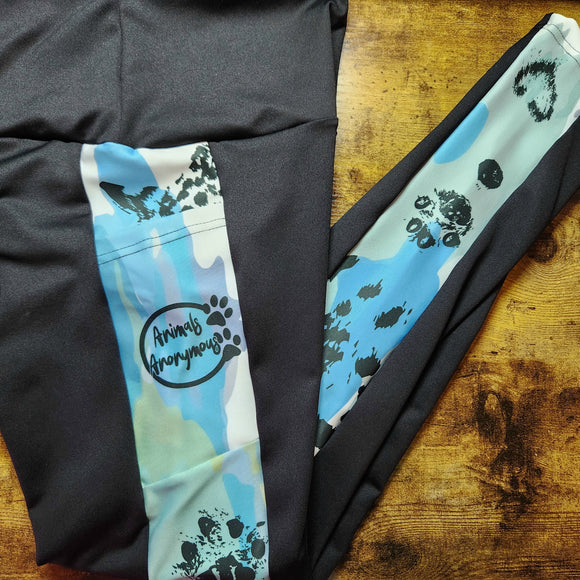 Snow Leopard Print Watercolor Blue Splash and Black High Waisted Full Length Leggings - Limited Edition (Pre Order)