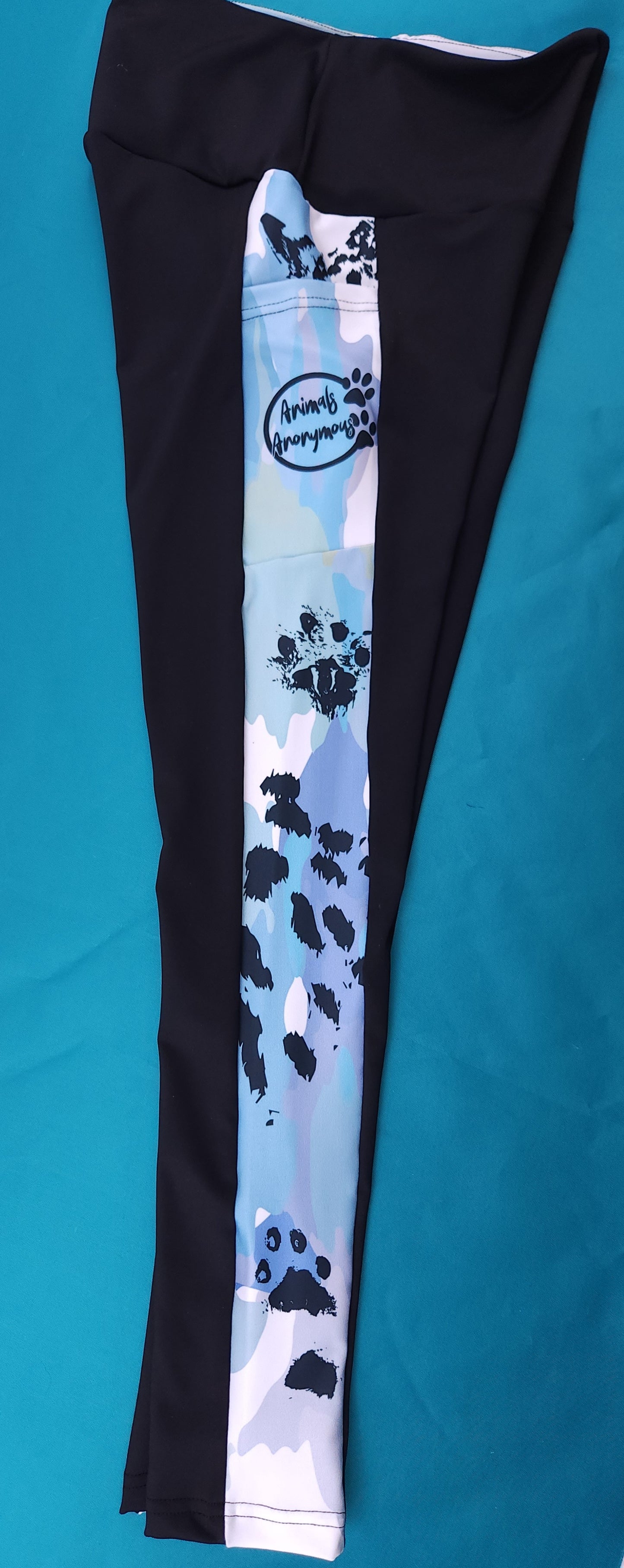 Snow Leopard Print Watercolor Blue Splash and Black High Waisted Full Length Leggings - Limited Edition