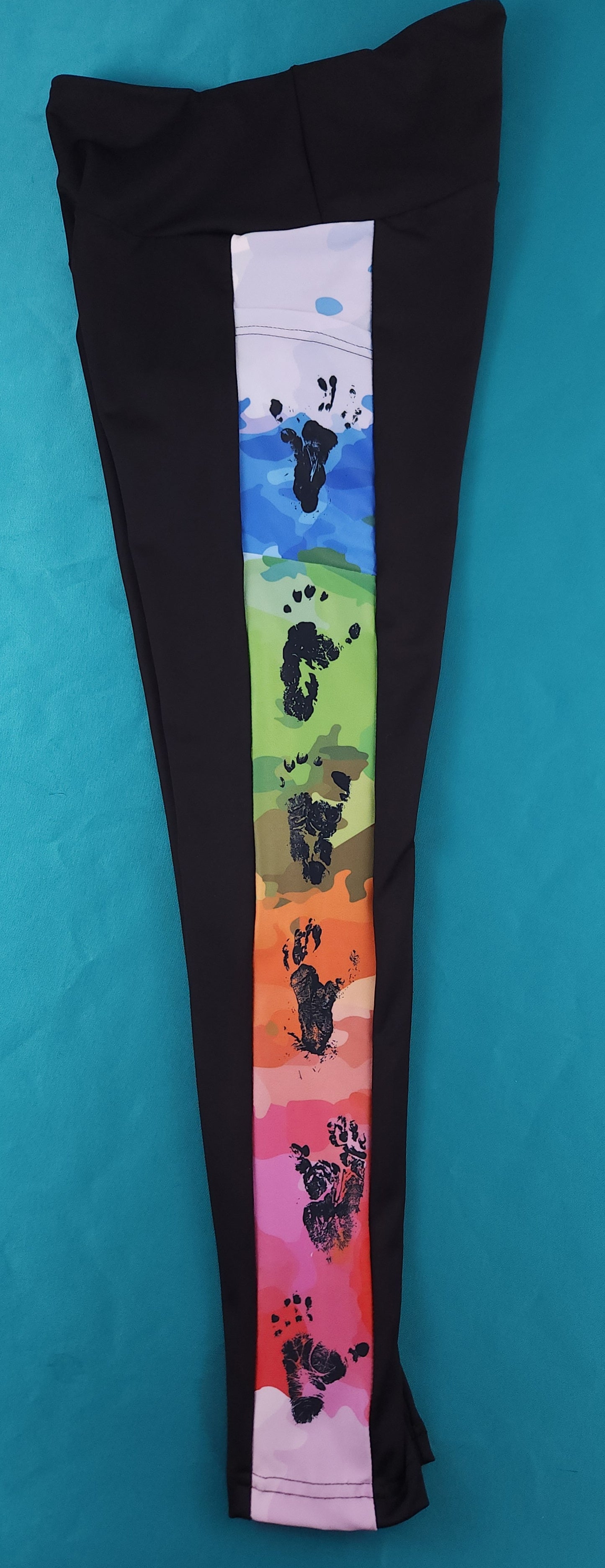 Ape Hand Prints Rainbow Background and Black High Waisted Full Length - Leggings (Limited Edition)
