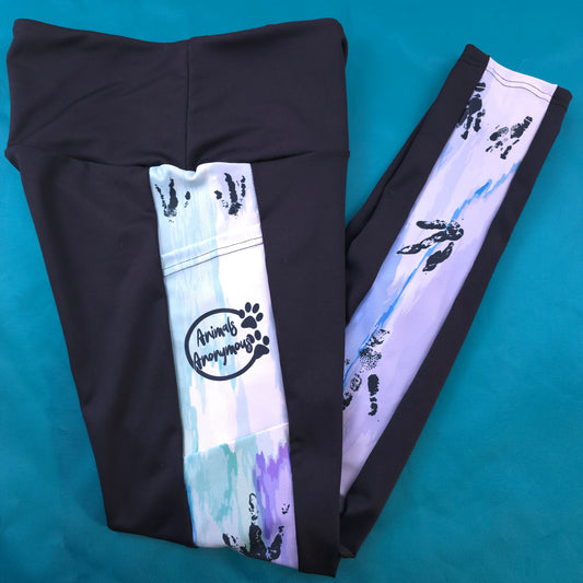 Penguin Foot Prints Purple/Teal/Blue Background and Black High Waisted Full Length - Leggings (Limited Edition) (Pre Order)