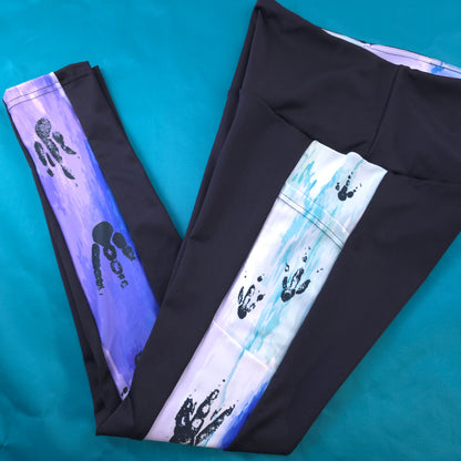 Penguin Foot Prints Purple/Teal/Blue Background and Black High Waisted Full Length - Leggings (Limited Edition) (Pre Order)