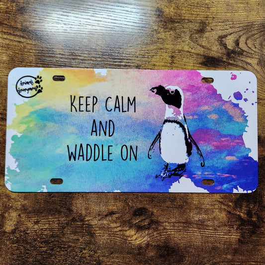 Mantenga la calma Waddle en Penguin Yellow/Pink/Blue Splatter - Placa de matrícula completa (hecha a pedido)