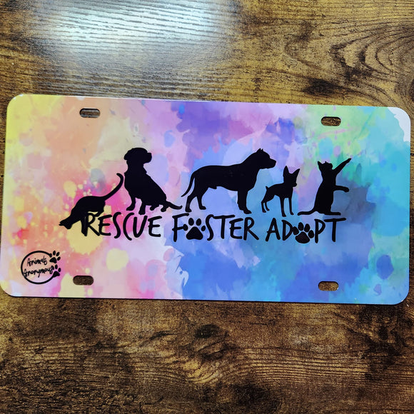 Rescue Foster Adopt (Cats and Dogs) Light Rainbow Splatter - Full License Plate (Made to Order)