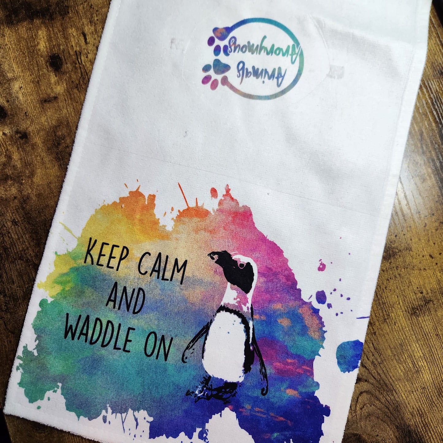 Keep Calm Waddle on Penguin Yellow/Pink/Blue Splatter - Dish Towel  (Made to Order)