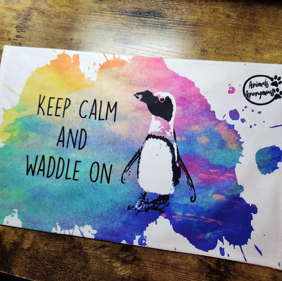 Keep Calm Waddle on Penguin Yellow/Pink/Blue Splatter - Rally Towel (Made to Order)