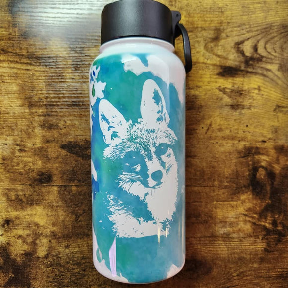 Fox Find me Where the Wild Things are Blue Green Background - 32oz Water Bottle (Made to Order)