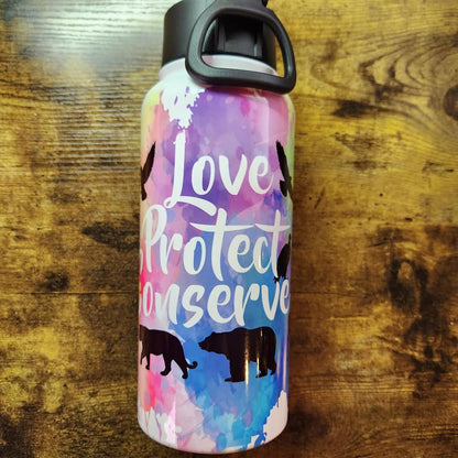 Especies mixtas - Love Protect Conserve Splatter - Botella de agua de 32 oz (hecha a pedido)