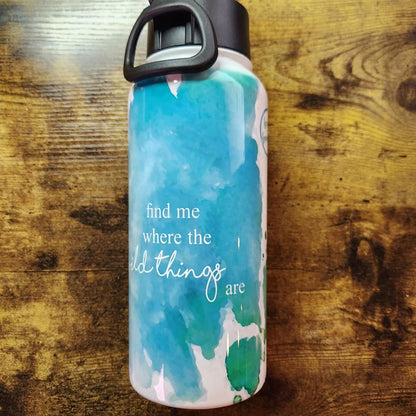 Fox Find me Where the Wild Things are Blue Green Background - 32oz Water Bottle (Made to Order)