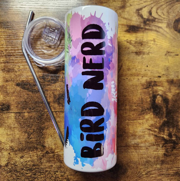 Bird Nerd with Bird FEATHERS on Rainbow Splatter - 20oz Tumbler (Made to Order)