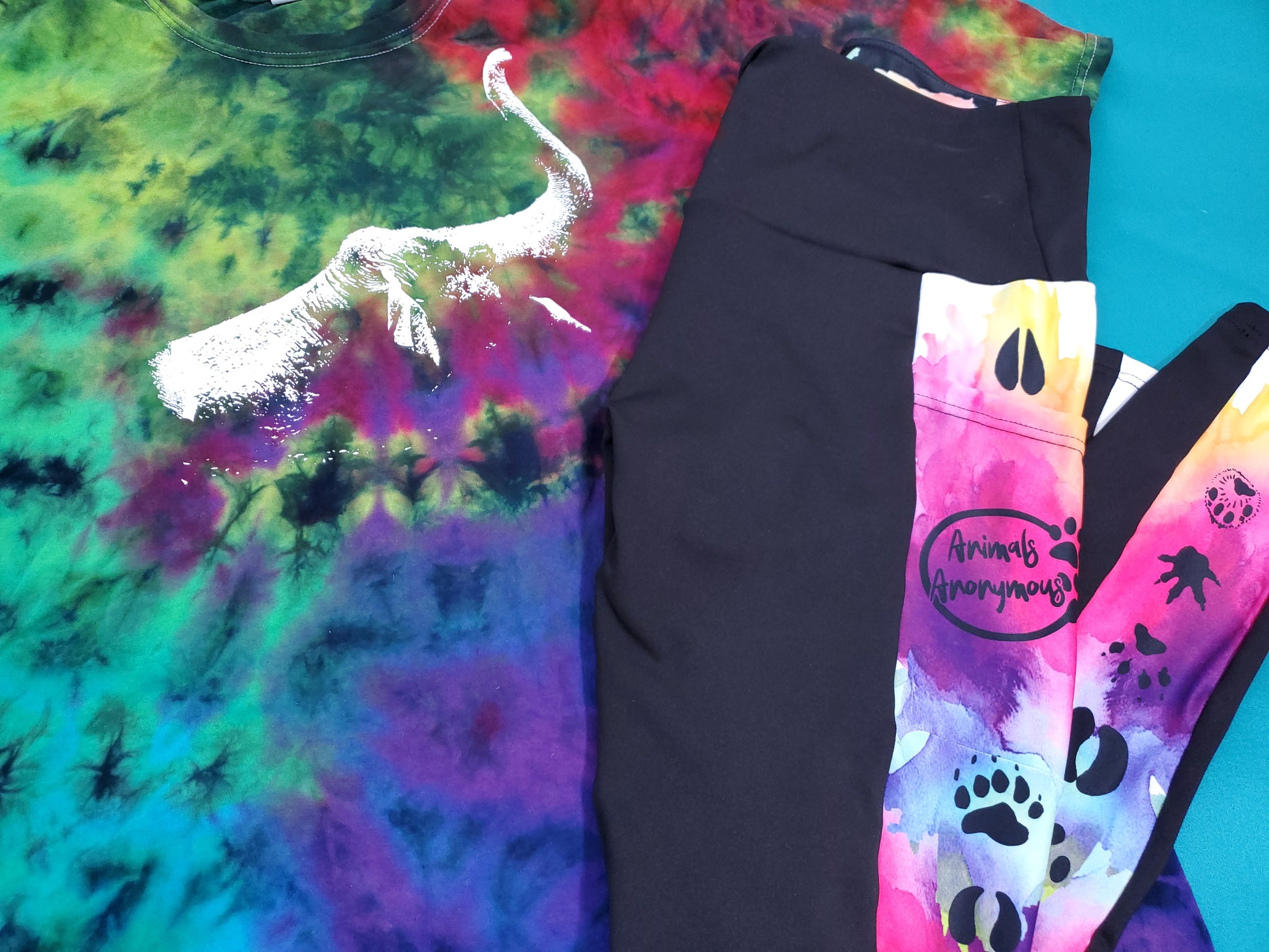 Leggings - Black with Paws and Watercolor Background - Animals Anonymous Apparel