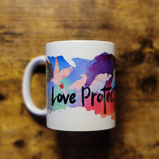 Love Protect Conserve Birds Watercolor Background 11oz Mug (Made to Order)