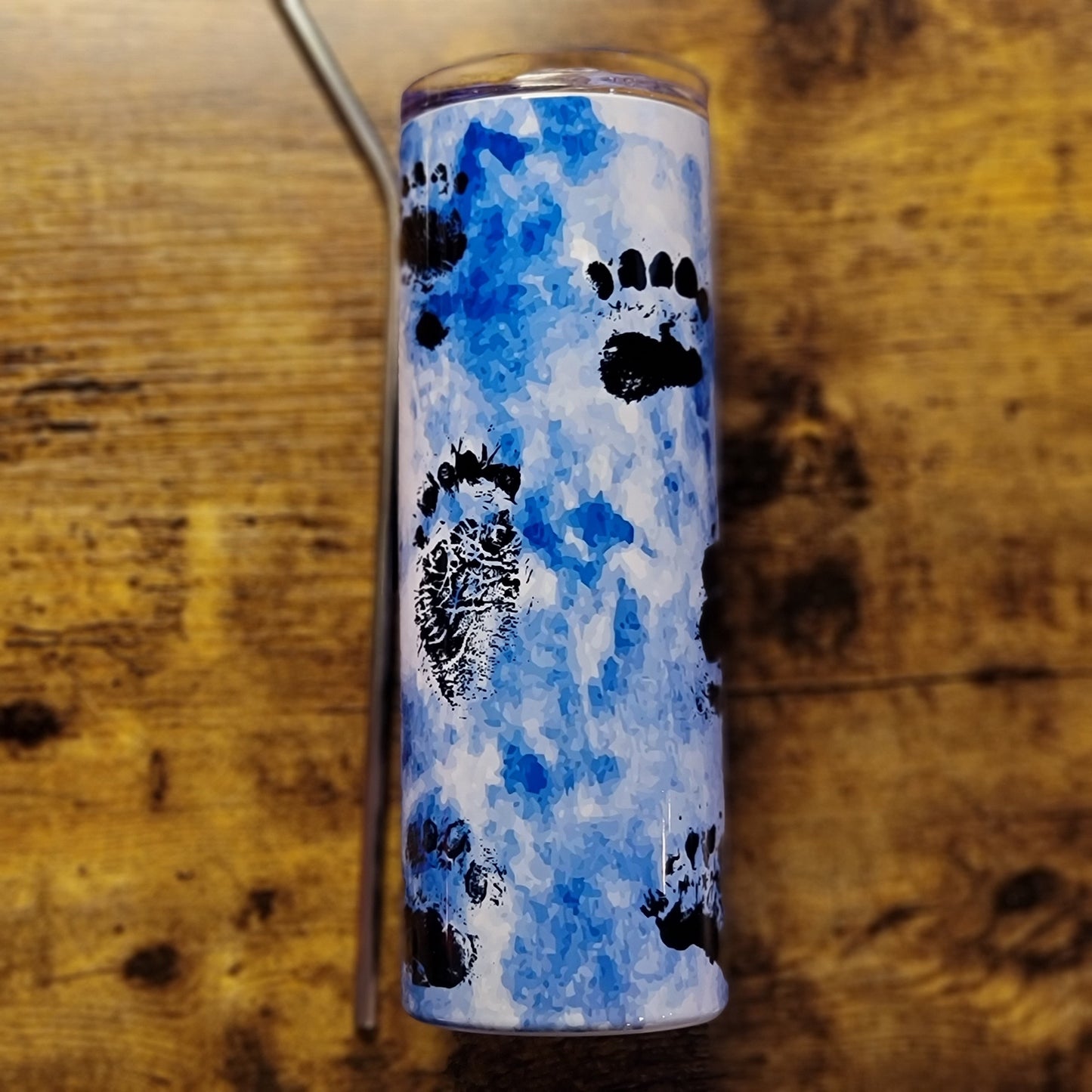 CUSTOM Name/Saying - Bear Paws Blue Watercolor Background Tumbler (Made to Order)