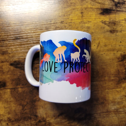Love Protect Conserve Primates Watercolor Background 11oz Mug (Made to Order)