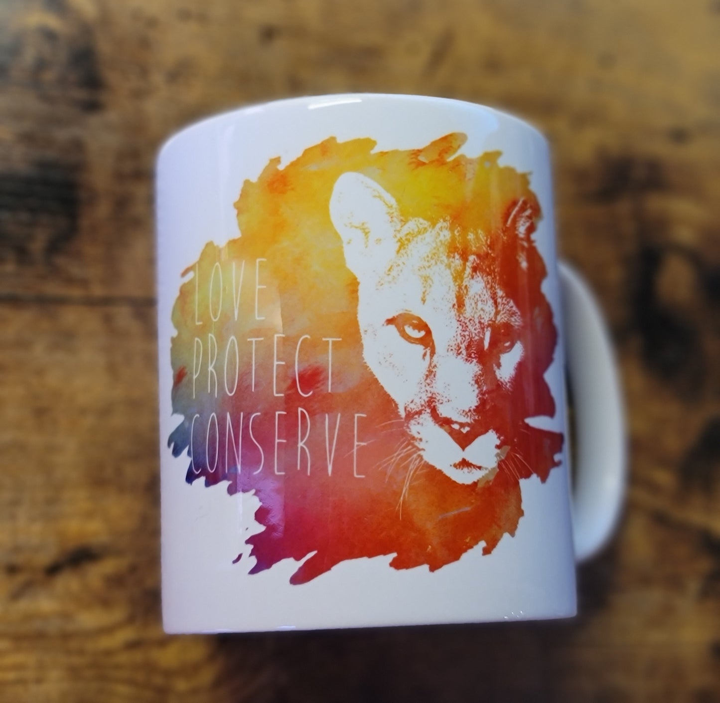 Love Protect Conserve Cougar Face Watercolor Background 11oz Mug (Made to Order)