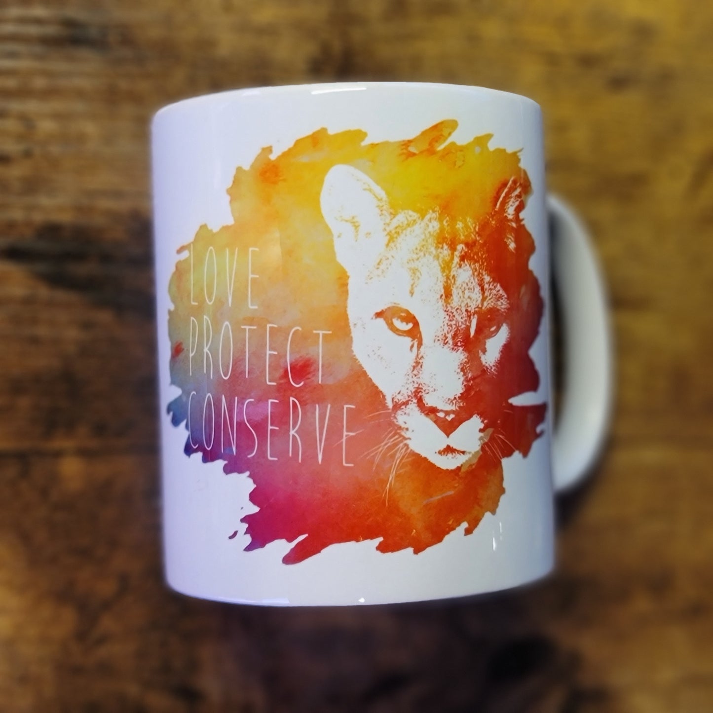 Love Protect Conserve Cougar Face Watercolor Background 11oz Mug (Made to Order)