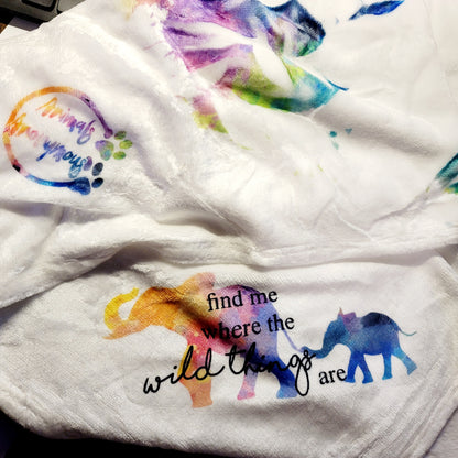 Elephant and Baby - Wild things - Light Splatter Rainbow Background - Baby Blanket - White (Made to Order)