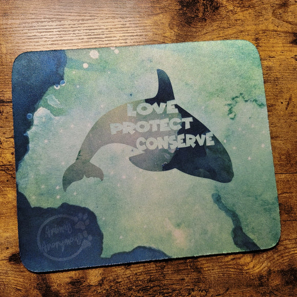 Orca Love Protect Conserve - Green Blue Water Color Mousepad (Made to Order)