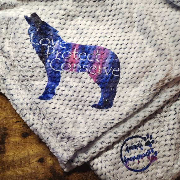 Wolf Love Protect Conserve Galaxy Background - Textured Plush Blanket - Navy (Made to Order)