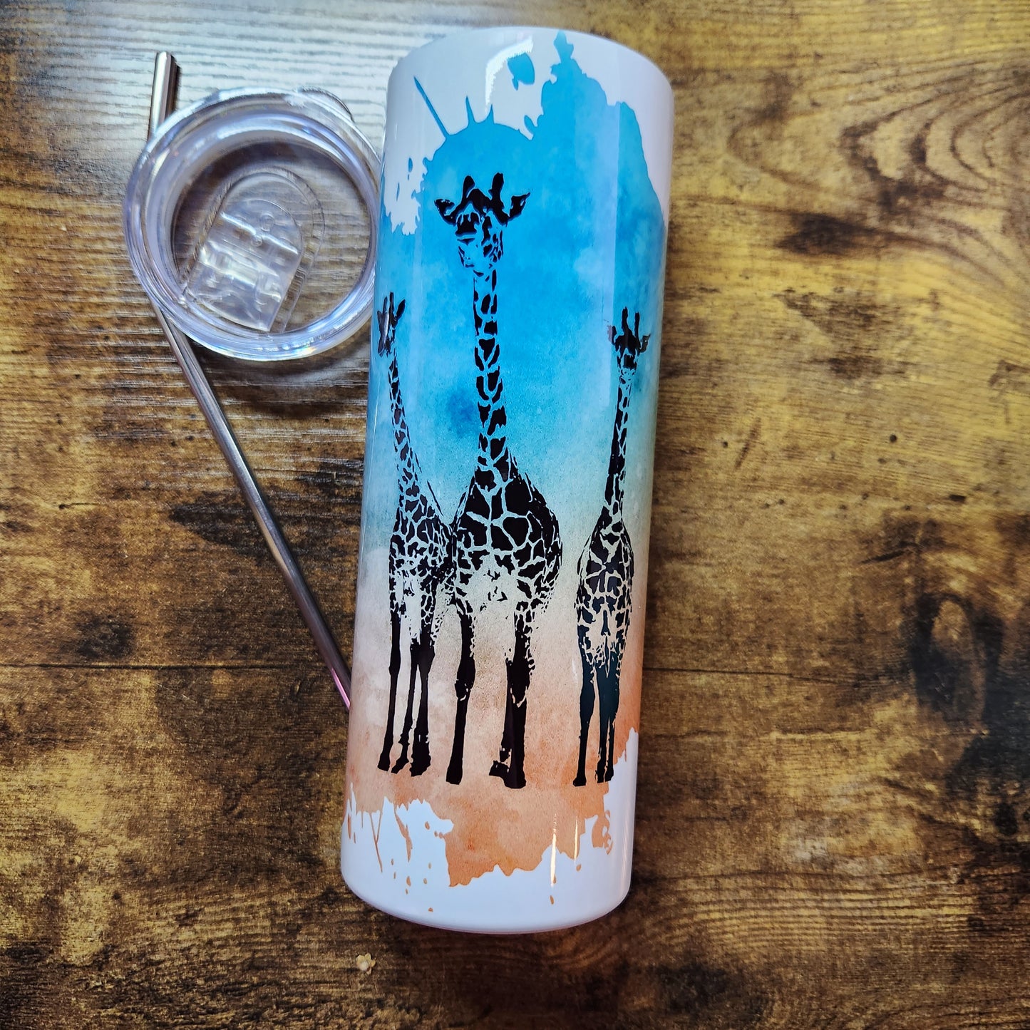 3 jirafas azul naranja vaso de acuarela (hecho a pedido)