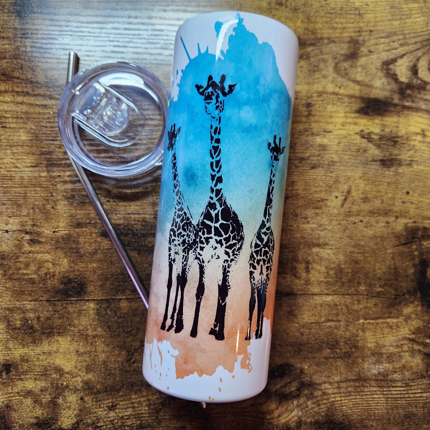 CUSTOM Name/Saying - 3 Giraffes Blue Orange Watercolor Tumbler (Made to Order)