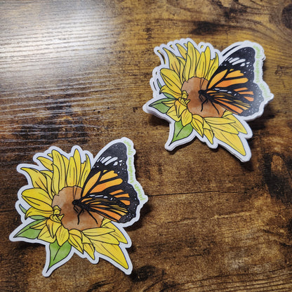 Mariposa Monarca con Dibujo de Girasol - Pegatina CLARA