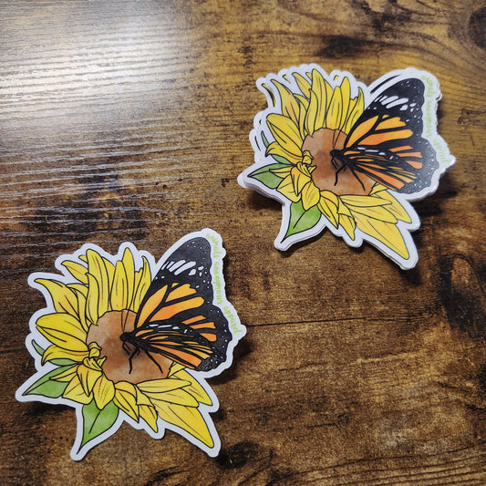 Monarch Butterfly with Sunflower Sketch - Sticker CLEAR