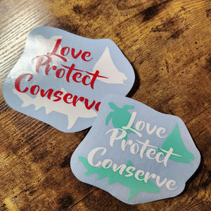 Sea Turtle, Shark, Ray - Love Protect Conserve - Vinyl Decal (Made to Order)