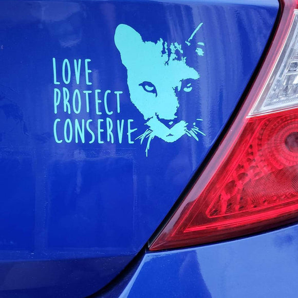 Cougar Face- Love Protect Conserve - Vinyl Decal - Animals Anonymous Apparel