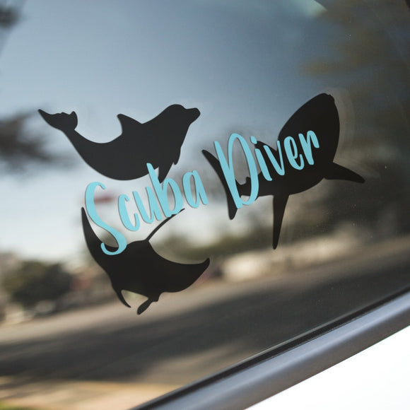 Scuba Diver - Dolphin, Whale, Stingray - Vinyl Decal - Animals Anonymous Apparel