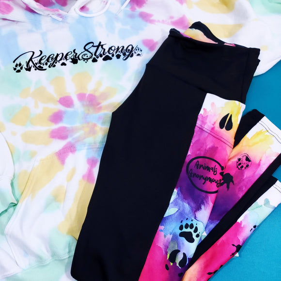 Capri Leggings - Black with Paws and Watercolor Background - Animals Anonymous Apparel